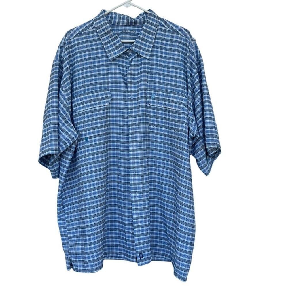 Heybo Fishing Shirt Mens 2XL Blue Plaid Short Sleeve Vented Outdoor Casual